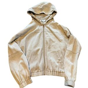 A53-Cream cropped zip-up jacket with elastic waistband and cuffs #hoodie